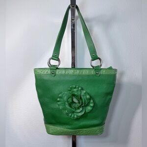 Isabella Adams Green Leather Tote Floral Applique Bag Y2K Shoulder Purse